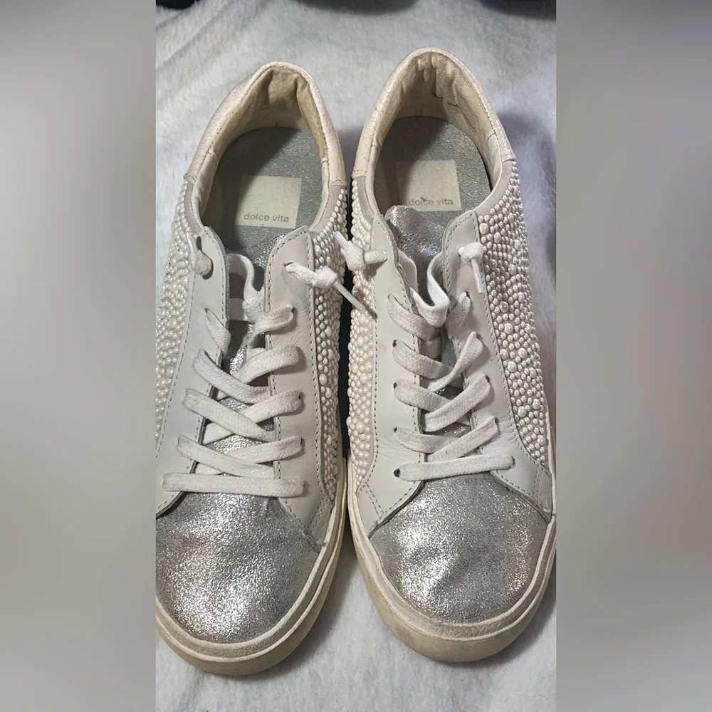 Dolce Vita Cream and Silver Studded Sneakers B25
